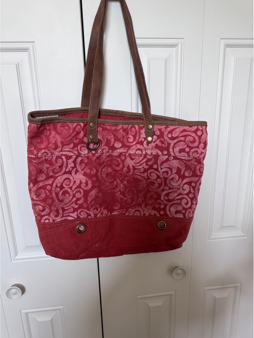 Myra Bag Upcycled Red Canvas Scroll Filigree Print Shoulder Tote Bag